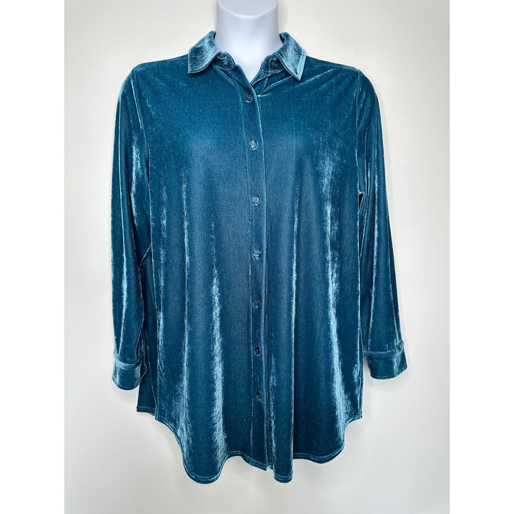 Soft Surroundings Velvet Boyfriend Button up Shirt size L Teal Blue Office
